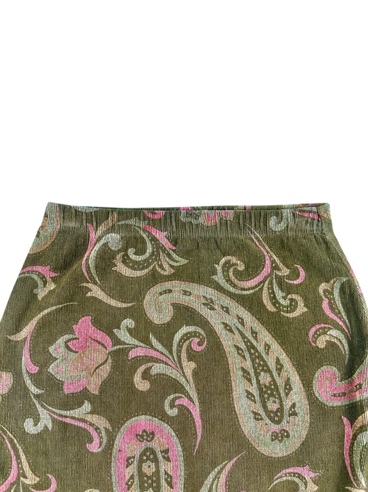 Gonna Vintage da Donna a Matita in Velluto a Costine Fantasia Paisley – Verde Oliva e Rosa - abbigliamento e vestiti vintage