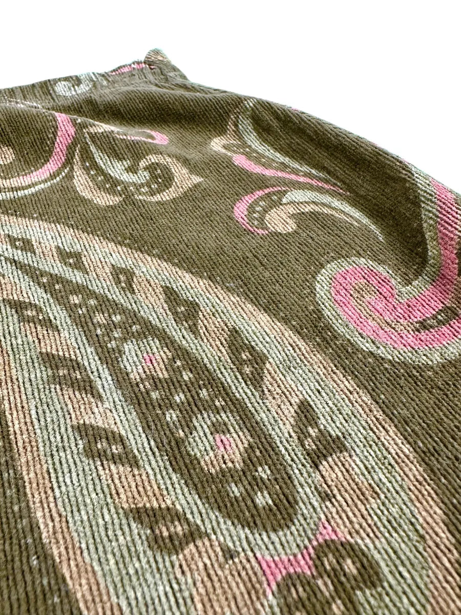 Gonna Vintage da Donna a Matita in Velluto a Costine Fantasia Paisley – Verde Oliva e Rosa - abbigliamento e vestiti vintage