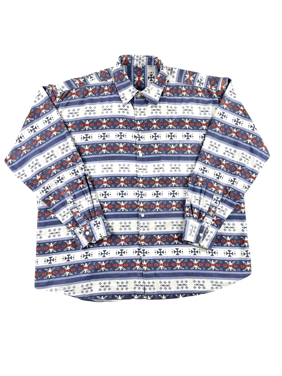Camicia Uomo Vintage Flanella di Cotone Fantasia Etnica Blu e Arancione - abbigliamento e vestiti vintage