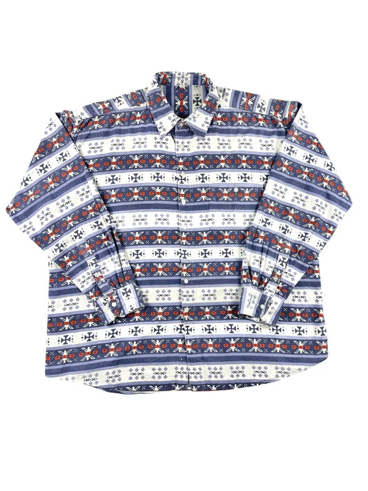 Camicia Uomo Vintage Flanella di Cotone Fantasia Etnica Blu e Arancione - abbigliamento e vestiti vintage