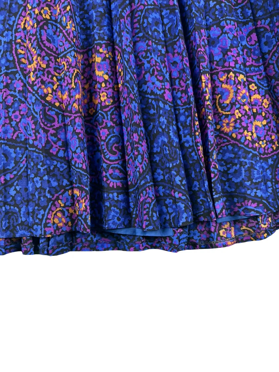 Gonna Vintage Plissettata in Lana Fantasia Paisley – Blu, Viola e Arancione - abbigliamento e vestiti vintage