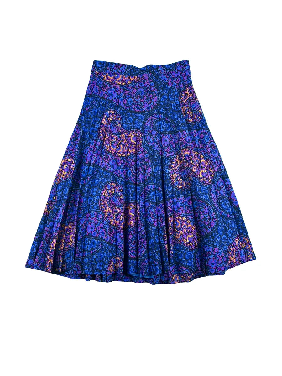 Gonna Vintage Plissettata in Lana Fantasia Paisley – Blu, Viola e Arancione - abbigliamento e vestiti vintage
