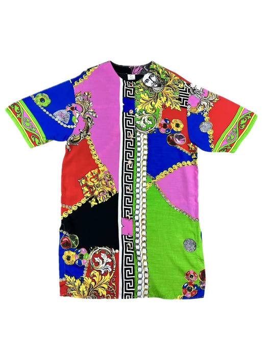 Camicia vintage in viscosa a stampa barocca multicolor con motivi greca e medusa