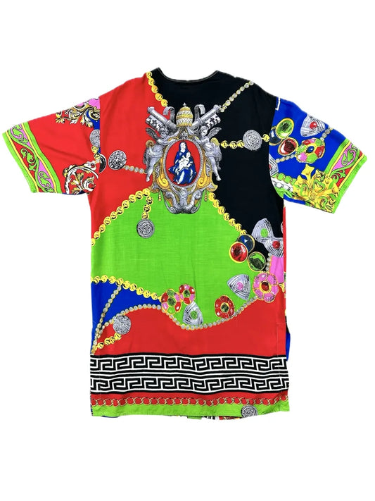 Camicia vintage in viscosa a stampa barocca multicolor con motivi greca e medusa