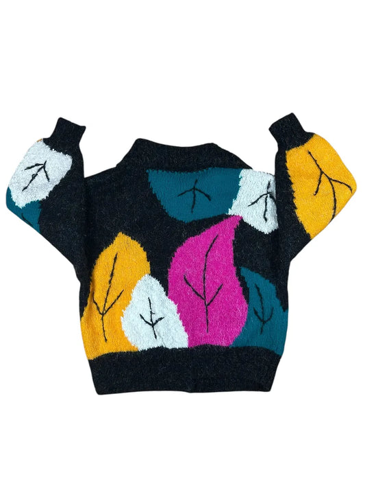 Cardigan vintage da donna anni ’90 con fantasia di foglie colorate