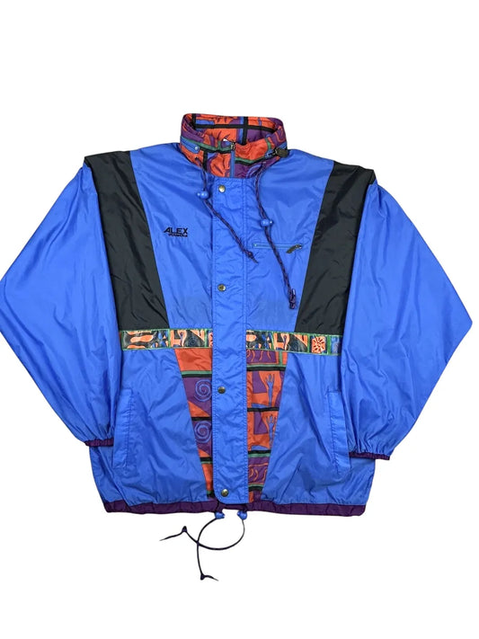 Giacca a vento vintage Alex Athletics blu con inserti fantasia astratta