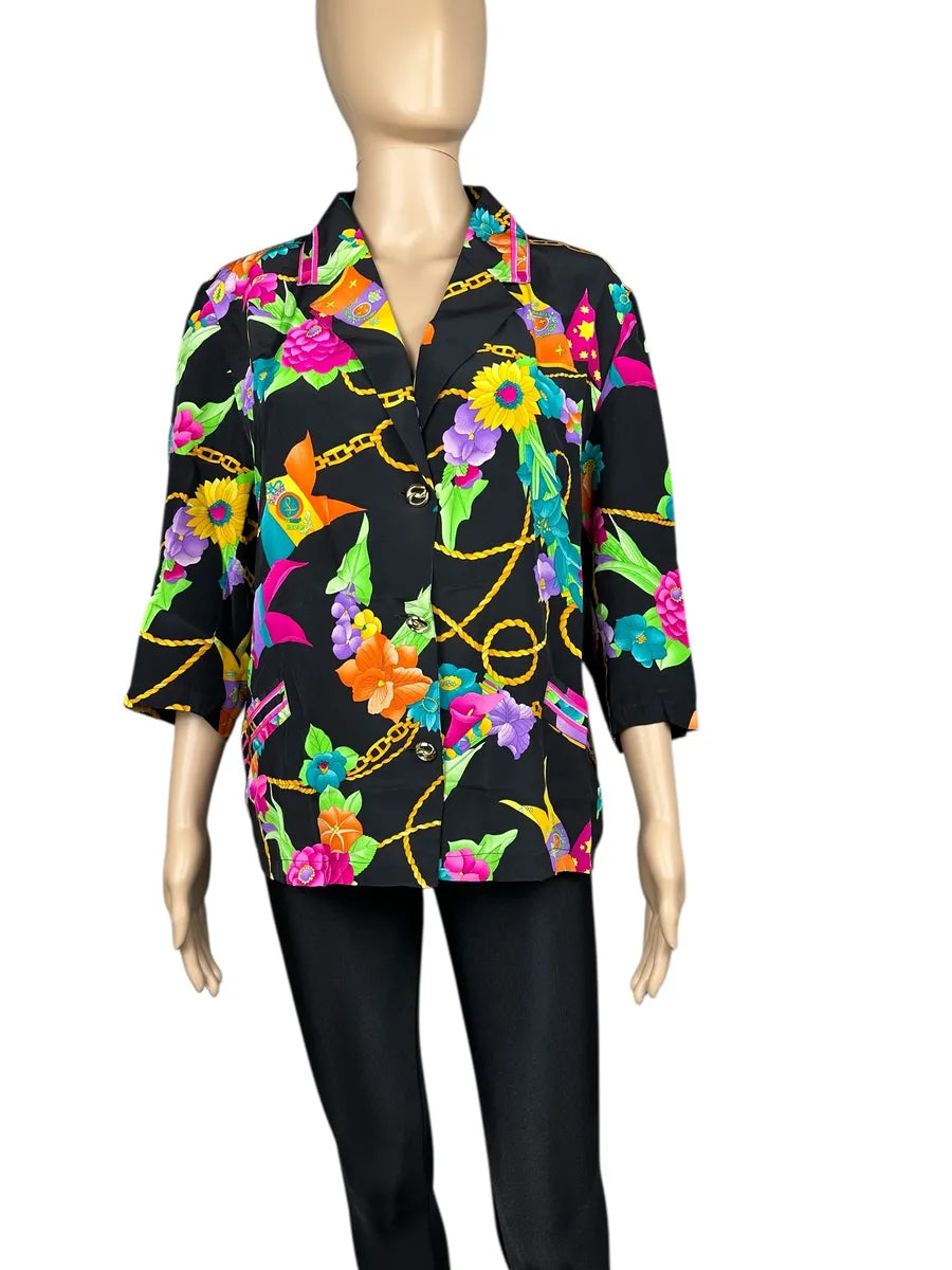 Camicia da donna vintage nera a fantasia