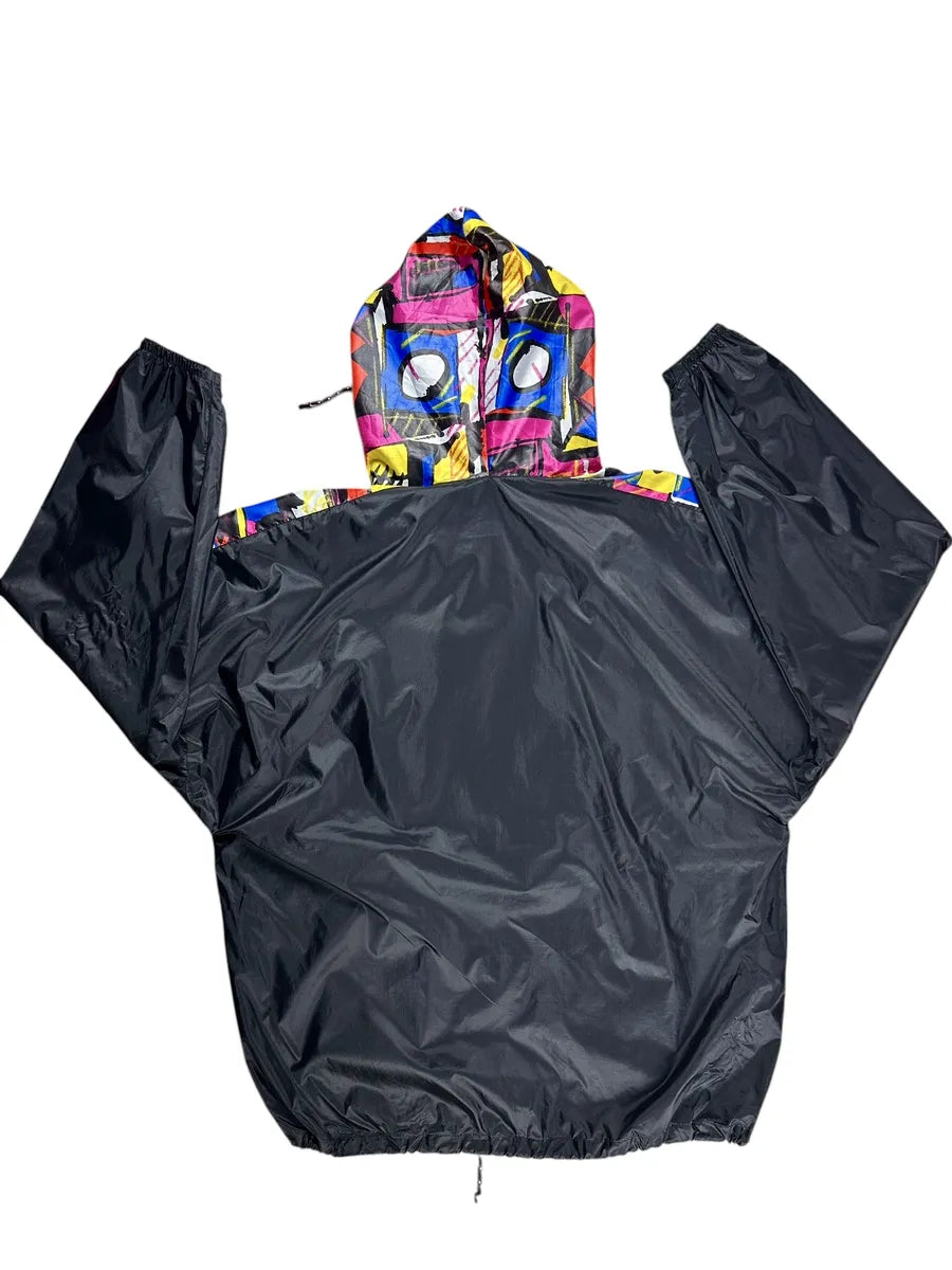 Giacca a vento vintage Adidas anni '90 nera con striscia a fantasia