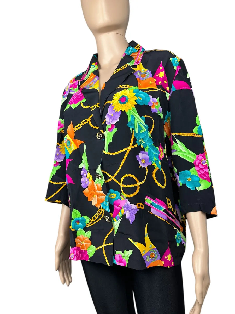 Camicia da donna vintage nera a fantasia