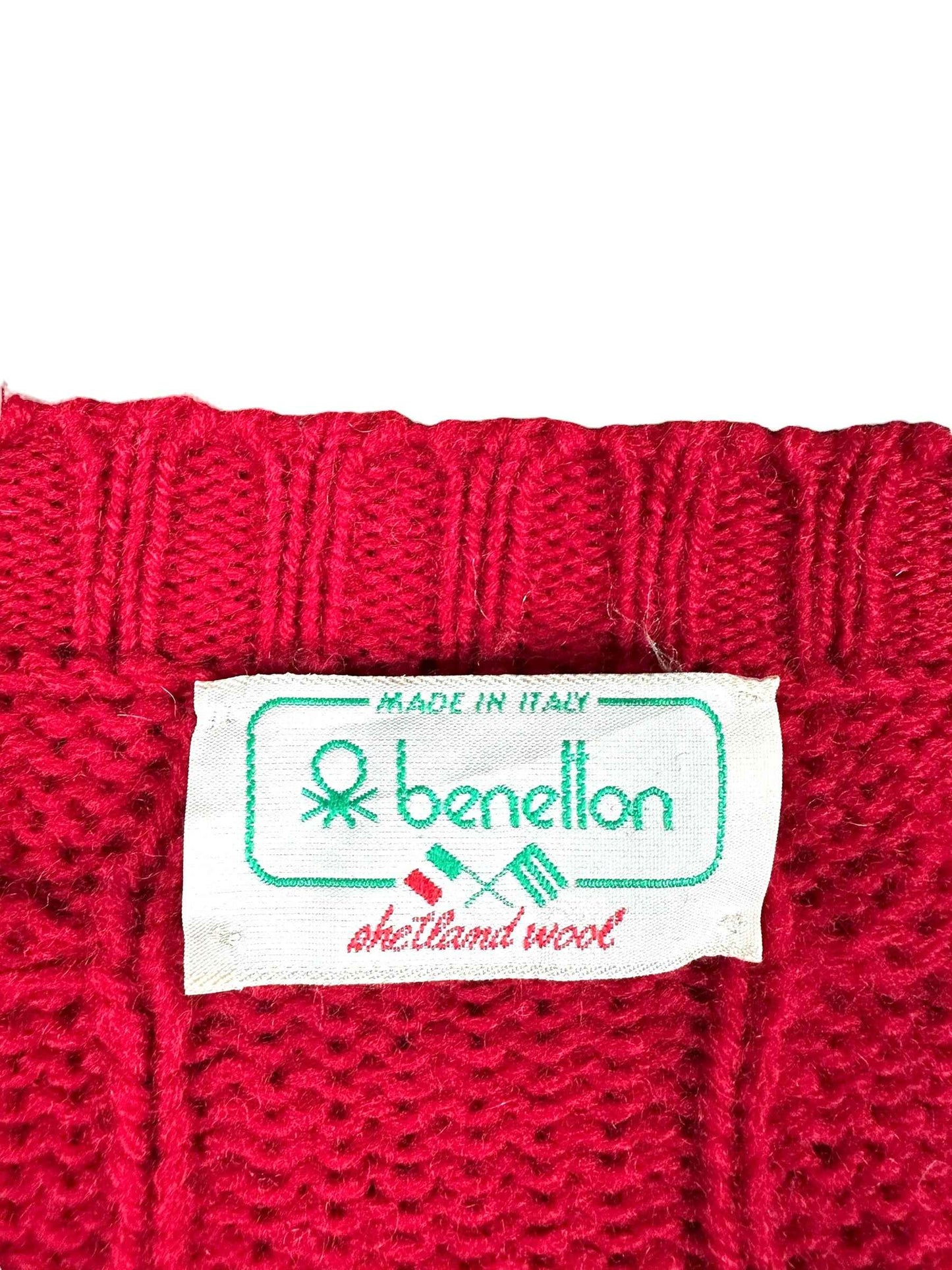 Cardigan vintage Benetton anni ’90 rosso in lana Shetland unisex