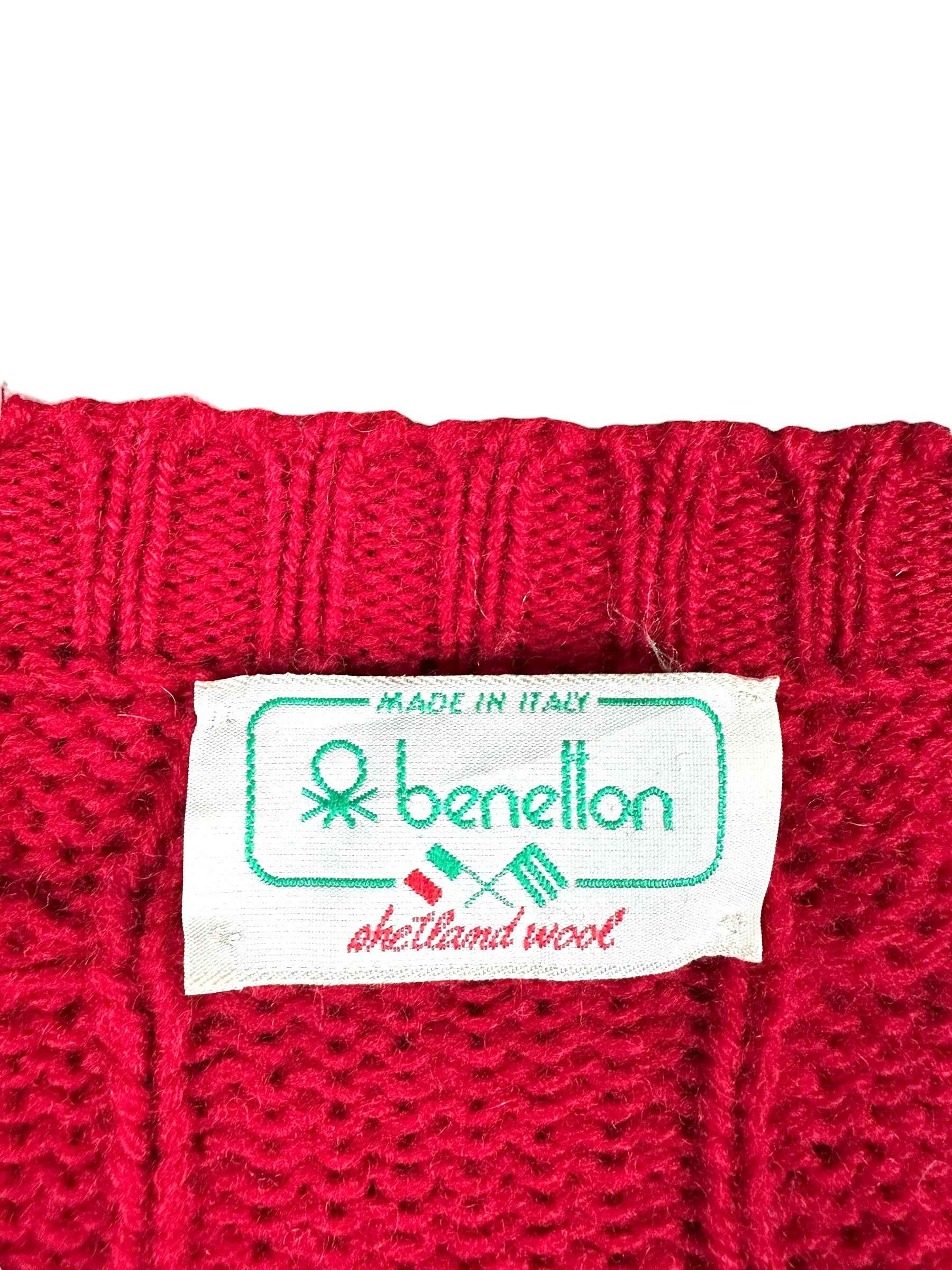 Cardigan vintage Benetton anni ’90 rosso in lana Shetland unisex