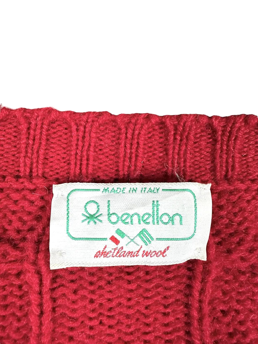 Cardigan vintage Benetton anni ’90 unisex rosso in lana Shetland