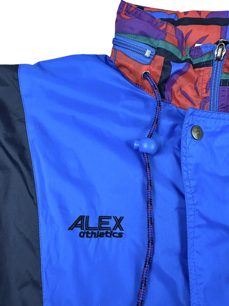 Giacca a vento vintage Alex Athletics blu con inserti fantasia astratta