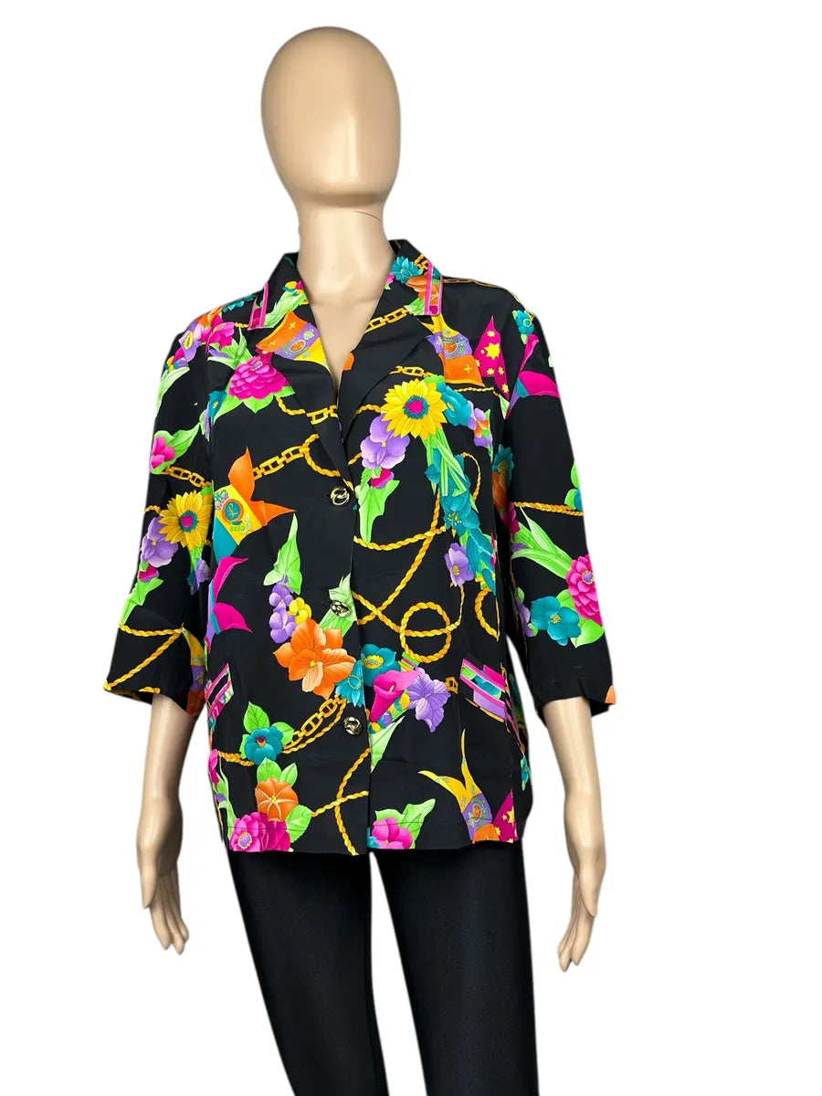 Camicia da donna vintage nera a fantasia