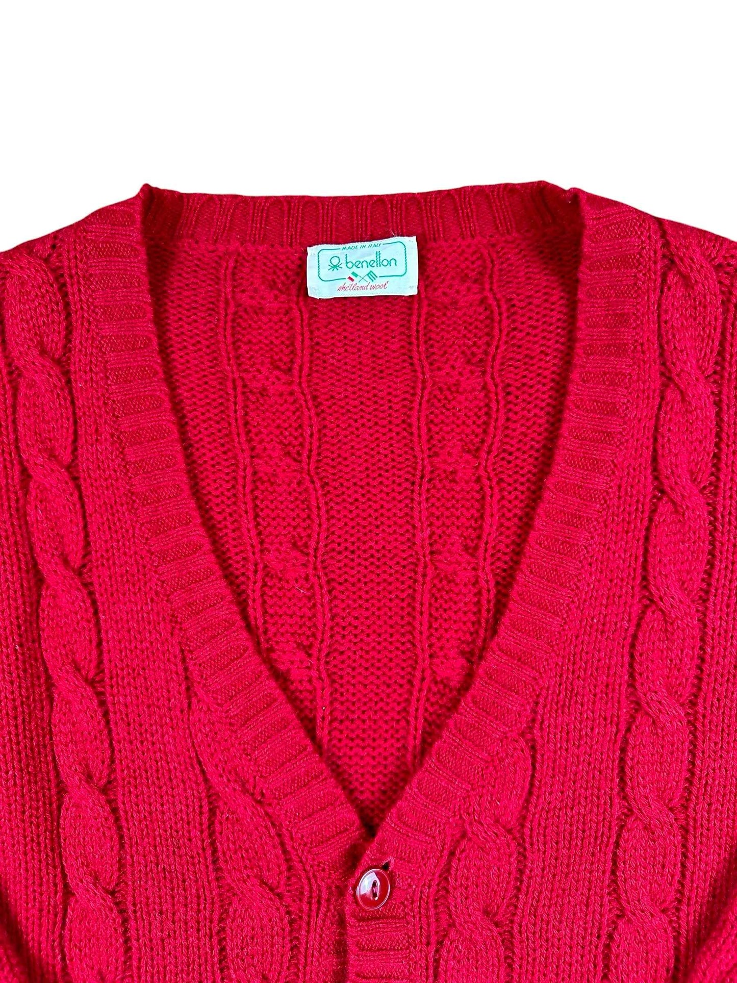 Cardigan vintage Benetton anni ’90 rosso in lana Shetland unisex