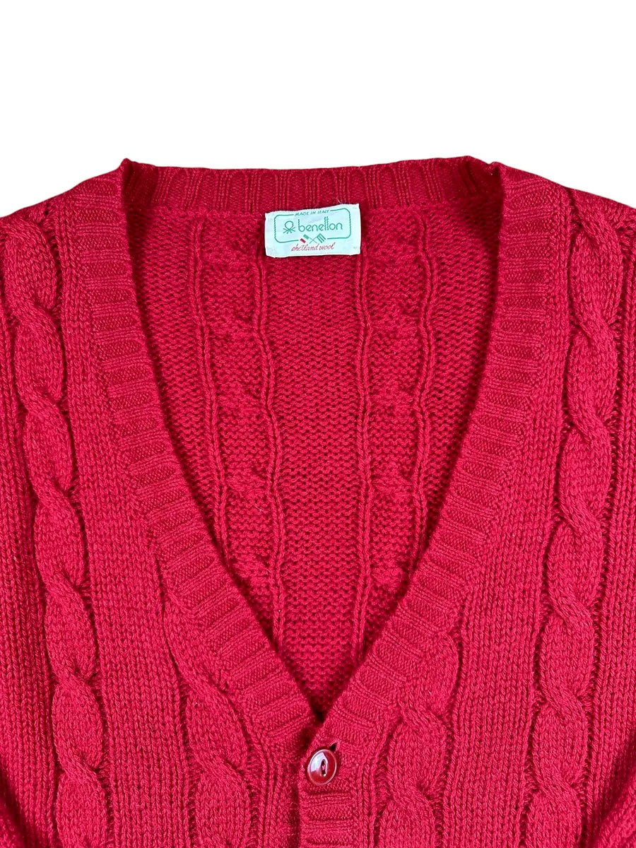 Cardigan vintage Benetton anni ’90 unisex rosso in lana Shetland