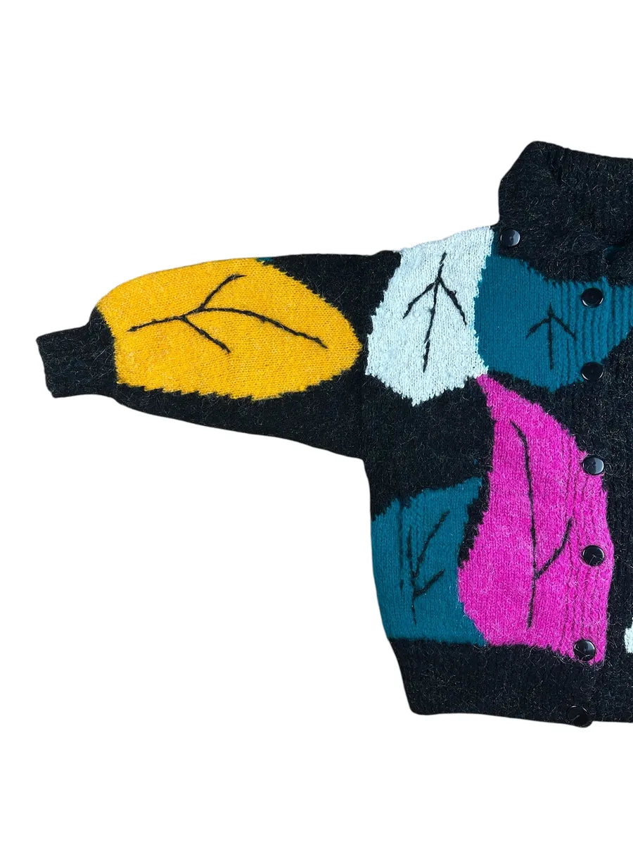 Cardigan vintage da donna anni ’90 con fantasia di foglie colorate