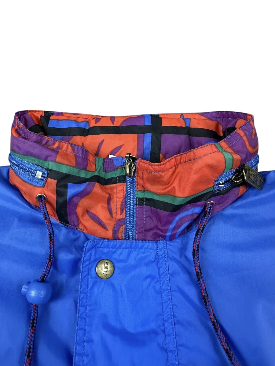 Giacca a vento vintage Alex Athletics blu con inserti fantasia astratta