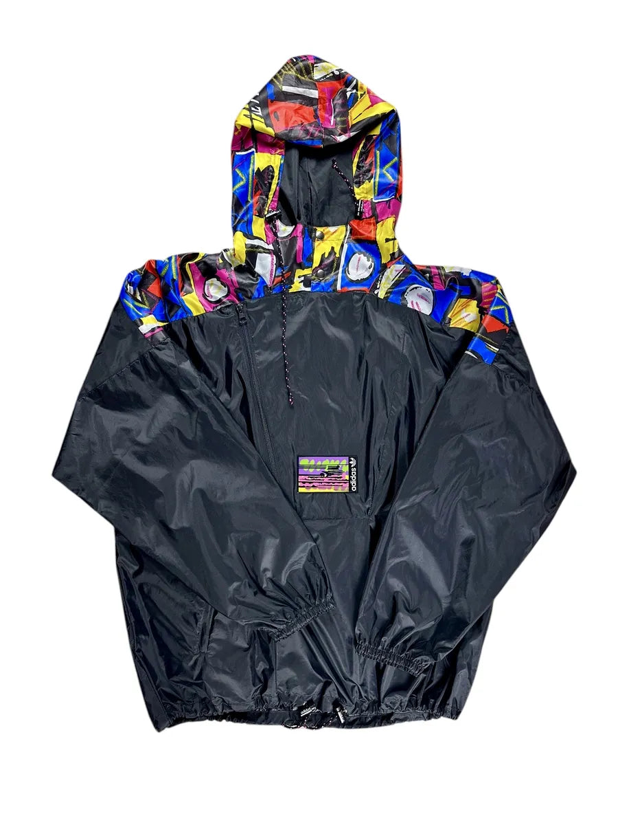 Giacca a vento vintage Adidas anni '90 nera con striscia a fantasia