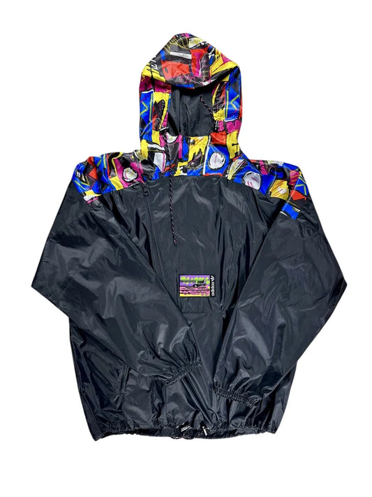 Giacca a vento vintage Adidas anni '90 nera con striscia a fantasia