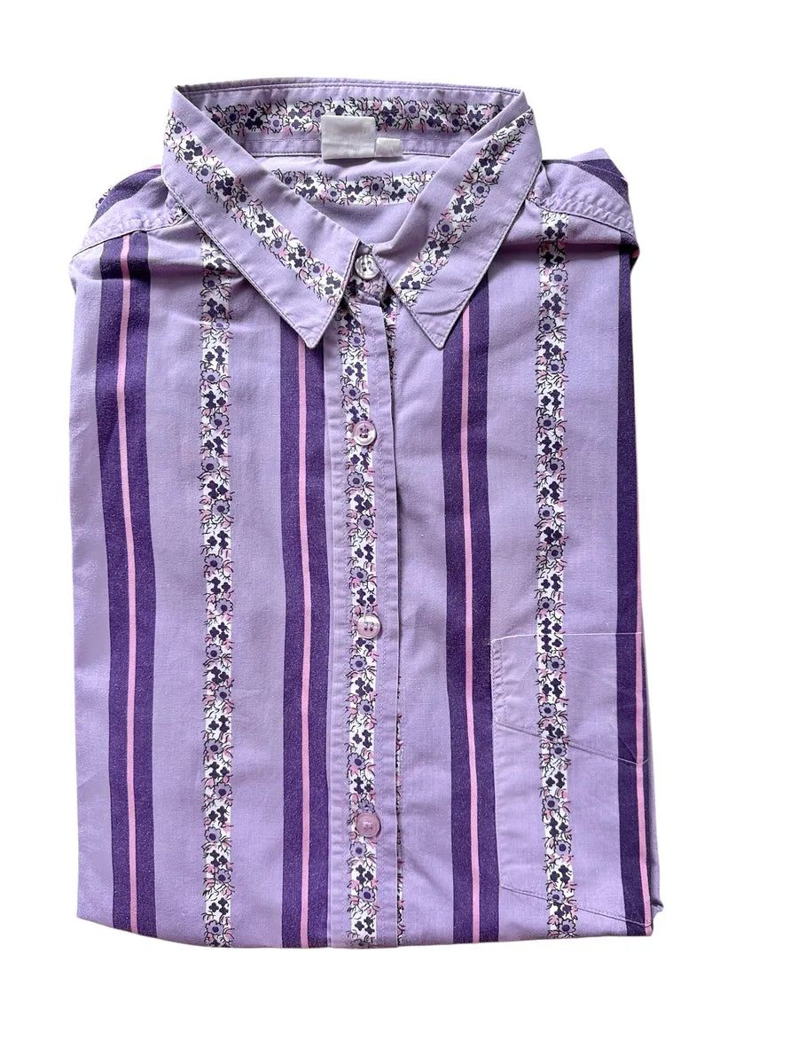 Camicia vintage da donna a righe con fantasia floreale