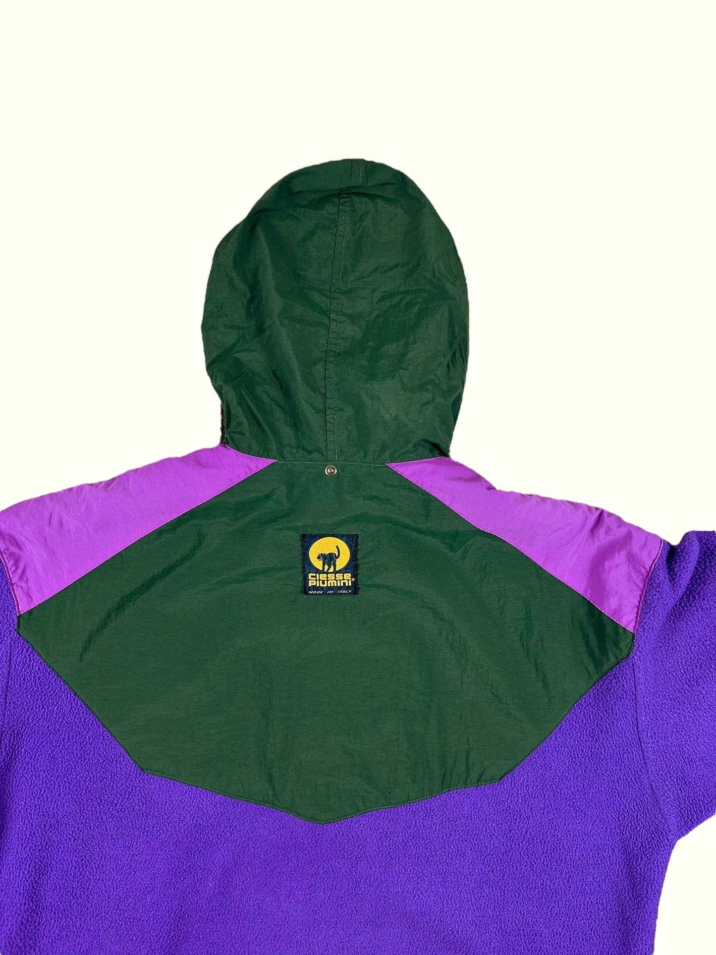 Pile vintage Ciesse Piumini viola e verde con cappuccio a scomparsa