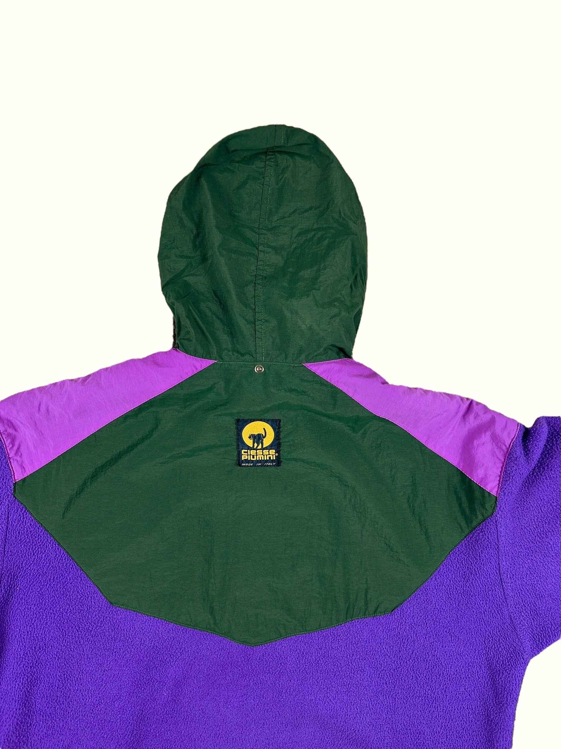 Pile vintage Ciesse Piumini viola e verde con cappuccio a scomparsa