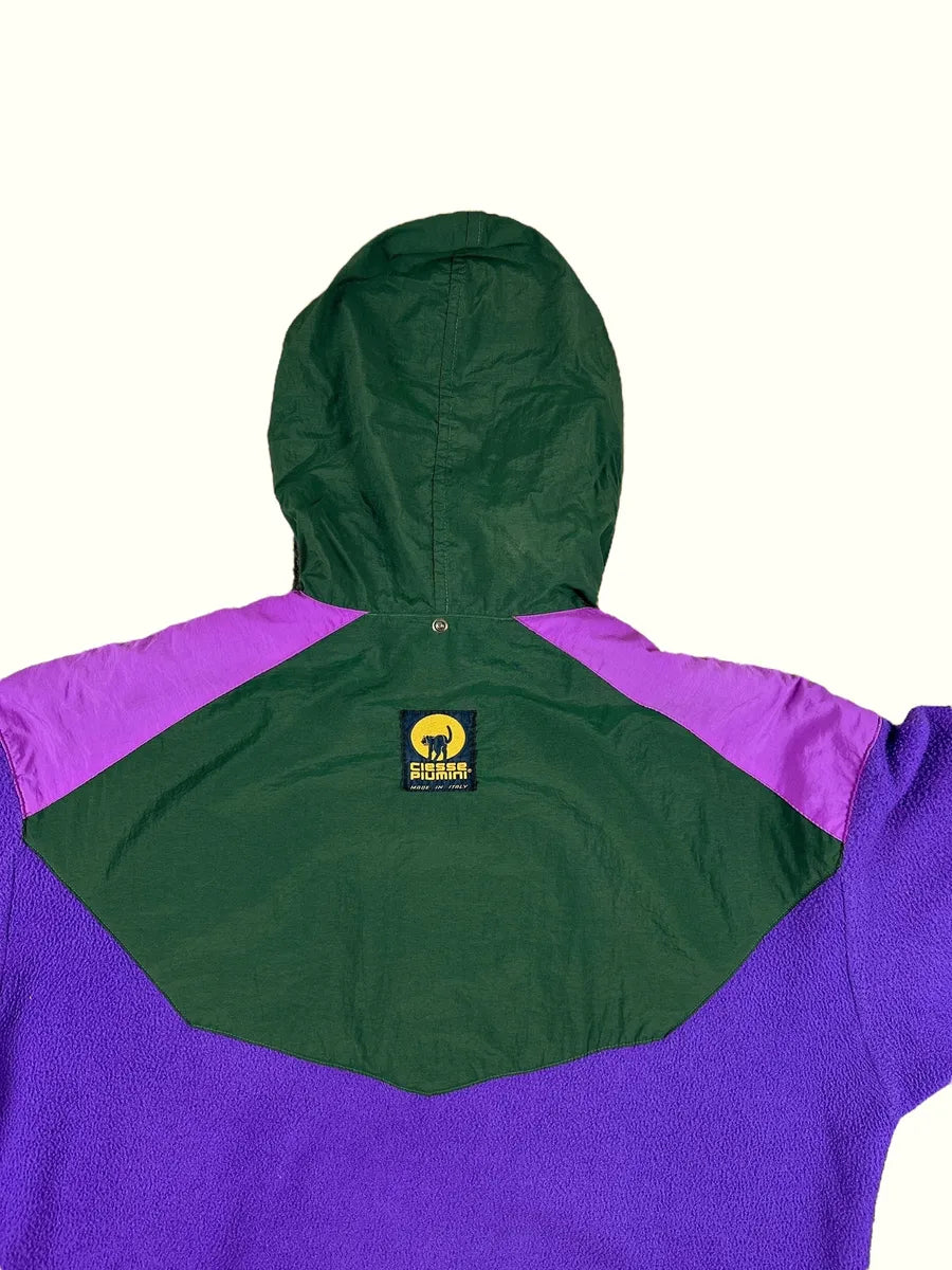 Pile vintage Ciesse Piumini viola e verde con cappuccio a scomparsa