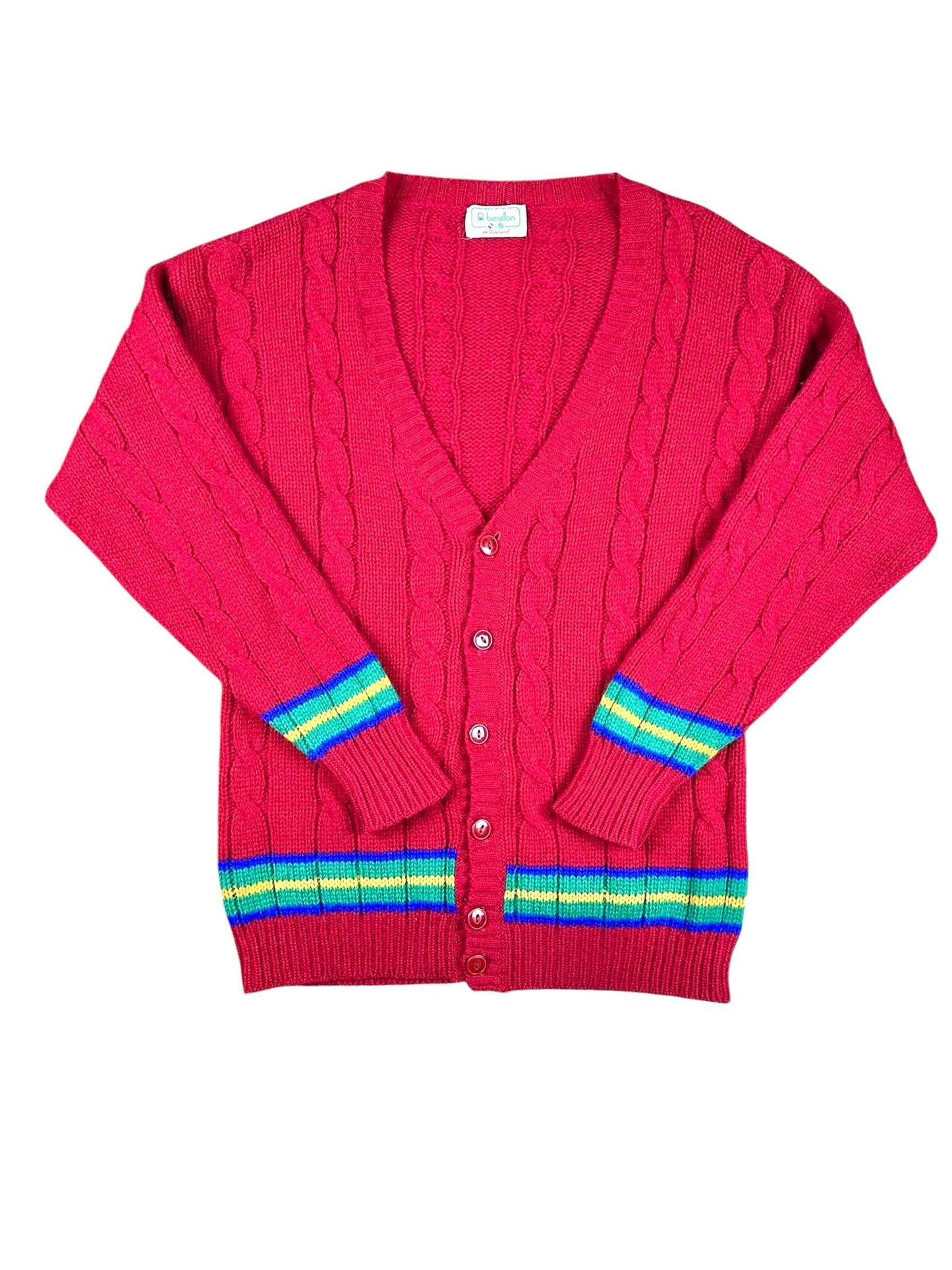 Cardigan vintage Benetton anni ’90 rosso in lana Shetland unisex