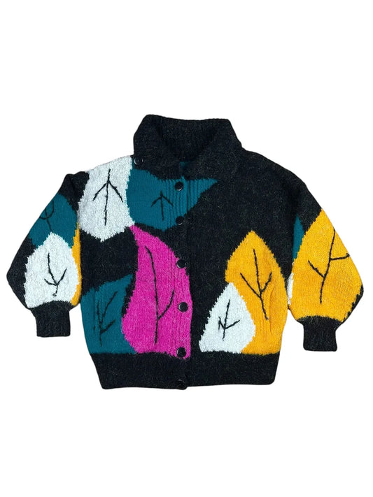 Cardigan vintage da donna anni ’90 con fantasia di foglie colorate