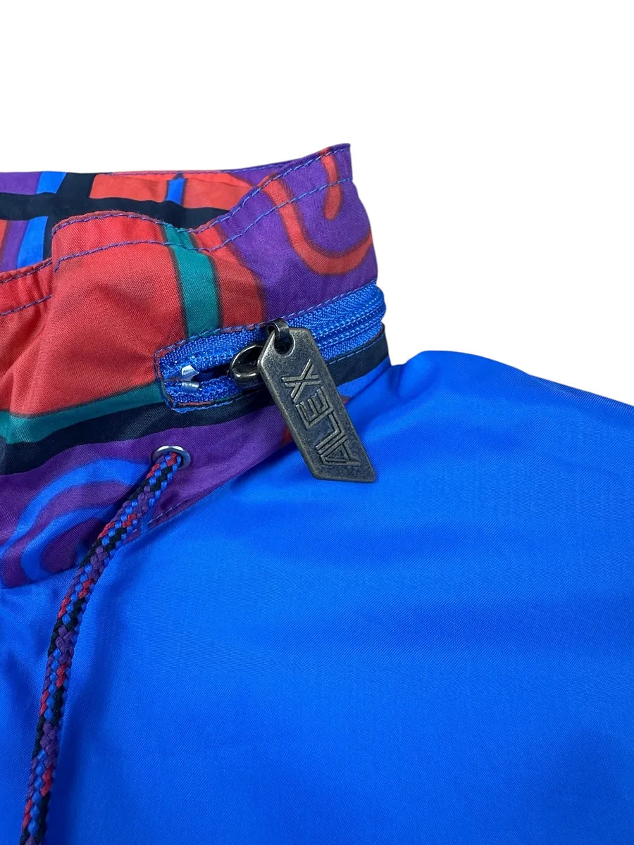 Giacca a vento vintage Alex Athletics blu con inserti fantasia astratta