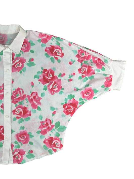Camicia bianca vintage da donna a maniche corte con fantasia floreale