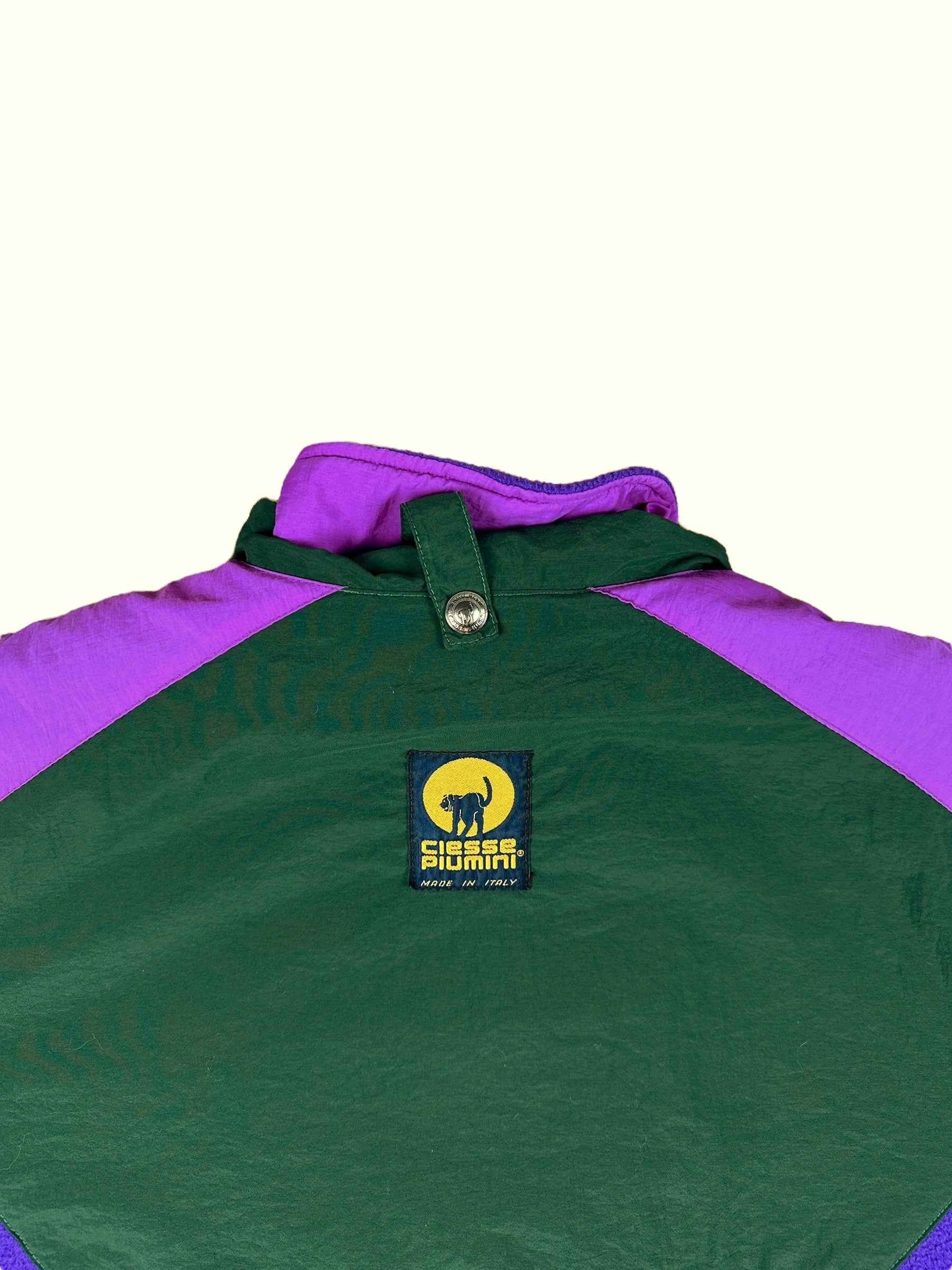 Pile vintage Ciesse Piumini viola e verde con cappuccio a scomparsa