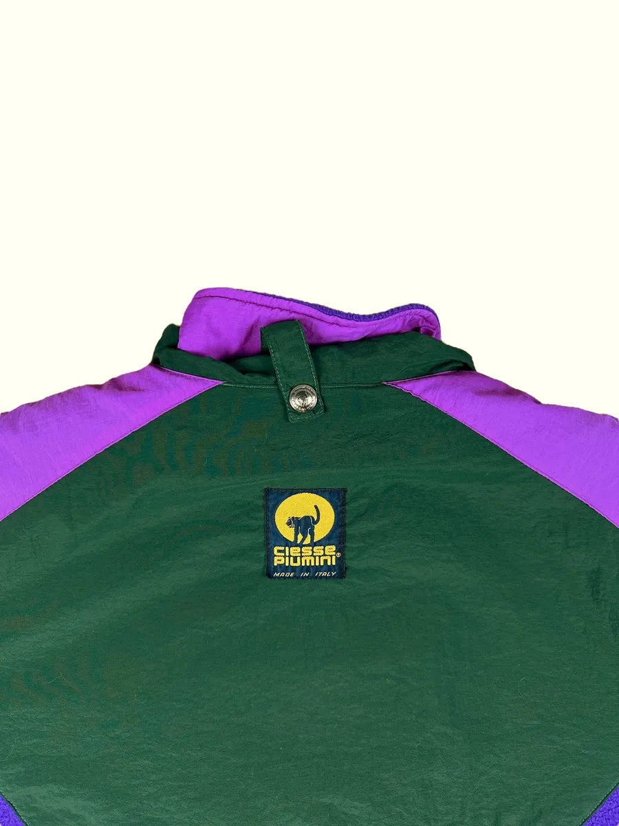 Pile vintage Ciesse Piumini viola e verde con cappuccio a scomparsa