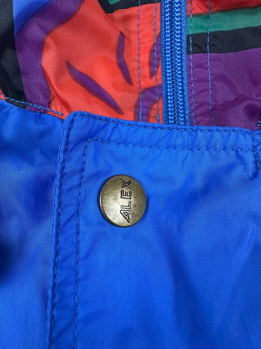 Giacca a vento vintage Alex Athletics blu con inserti fantasia astratta