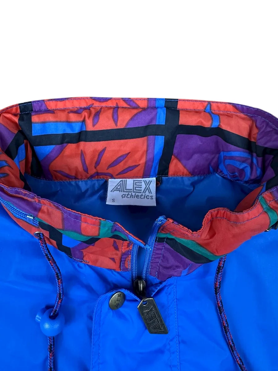 Giacca a vento vintage Alex Athletics blu con inserti fantasia astratta