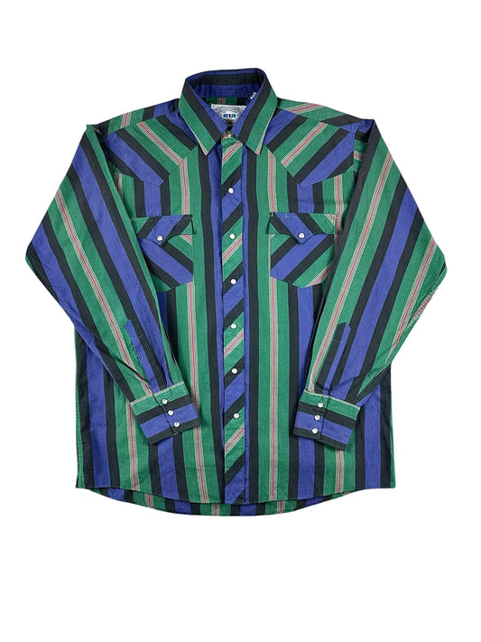 Camicia texana vintage a righe verdi e blu