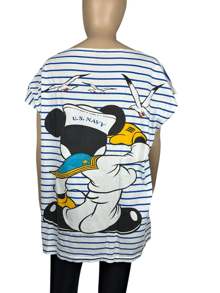 T-shirt Vintage Donna a Righe con stampa Topolino Marinaio