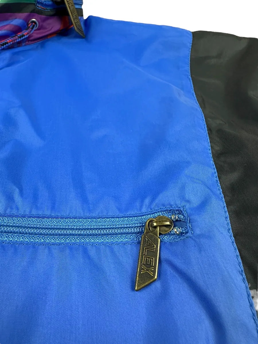 Giacca a vento vintage Alex Athletics blu con inserti fantasia astratta