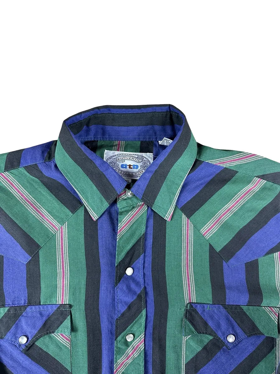 Camicia texana vintage a righe verdi e blu