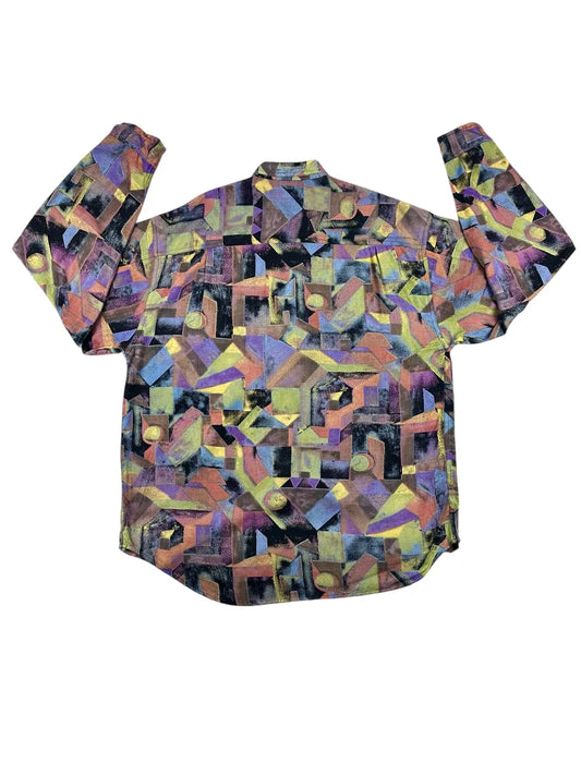 Camicia vintage anni '90 da uomo in viscosa con fantasia geometrica astratta