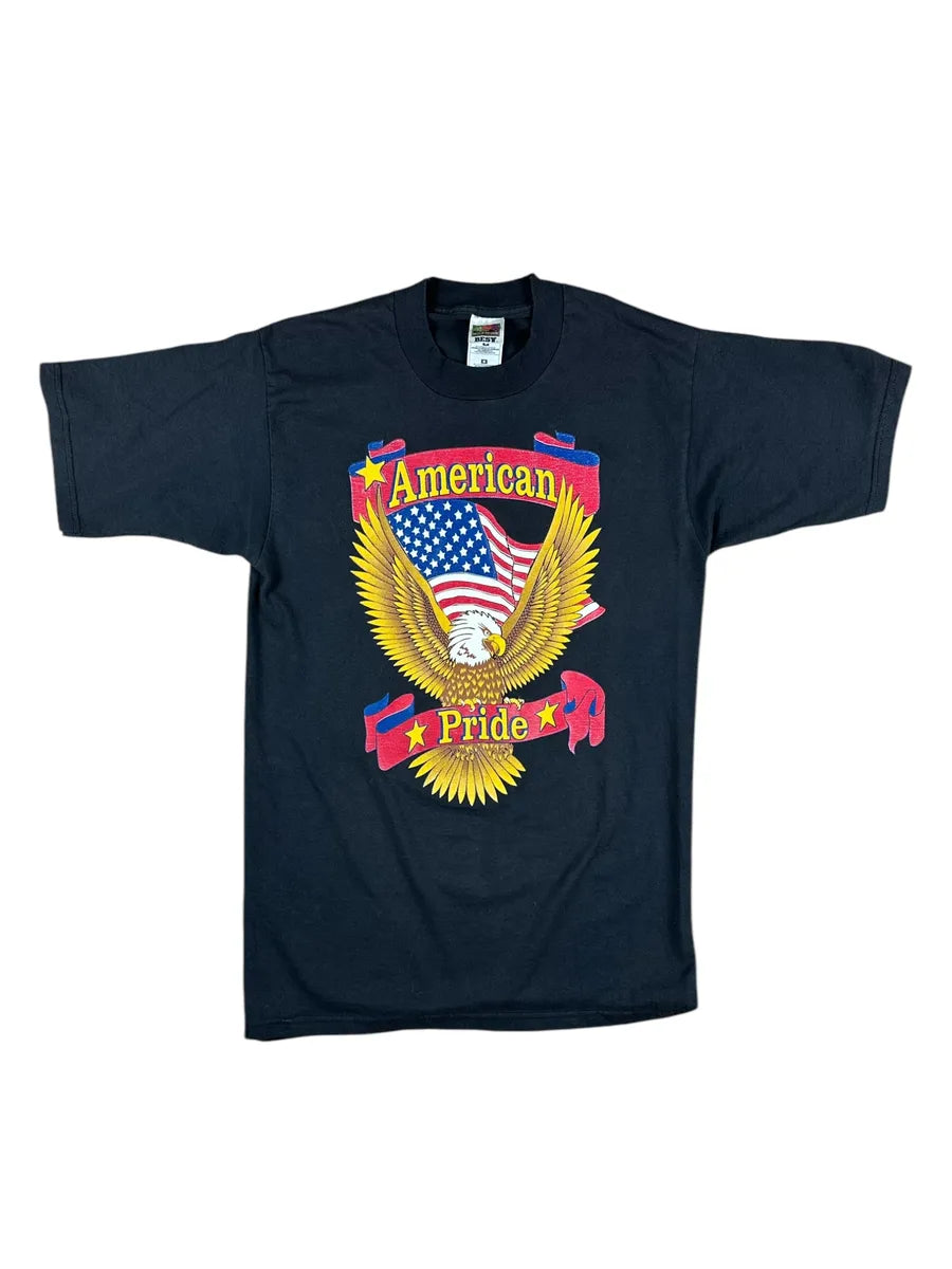 T-shirt vintage nera American Pride con stampa aquila e bandiera USA taglia M 73x43 cm