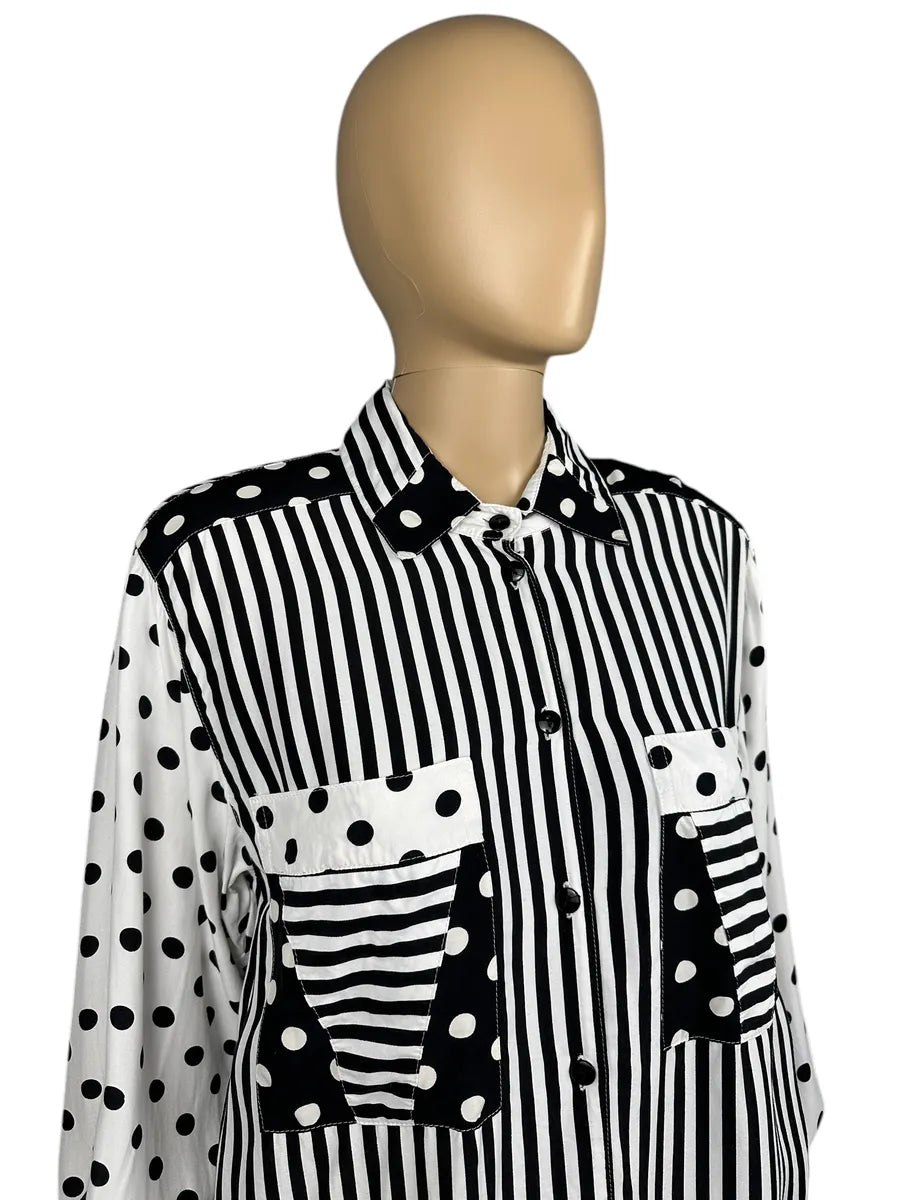 Camicia vintage da donna a righe e pois bianca e nera