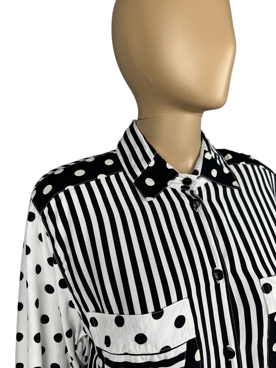 Camicia vintage da donna a righe e pois bianca e nera