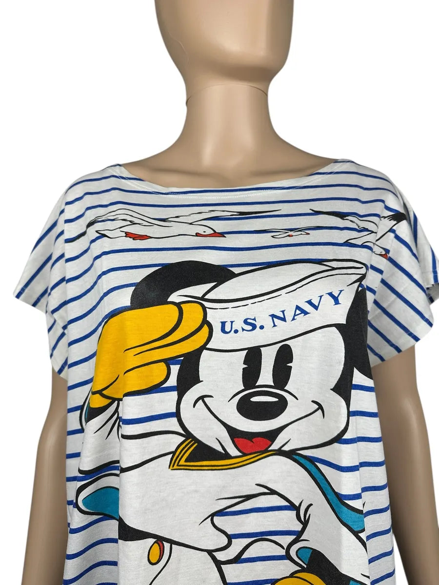 T-shirt Vintage Donna a Righe con stampa Topolino Marinaio