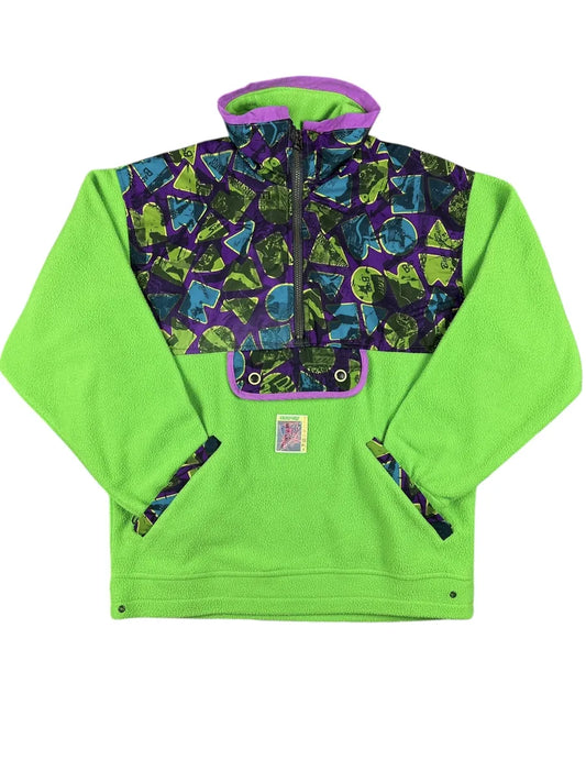 Pile vintage mezza zip verde acido a fantasia geometrica anni ’90