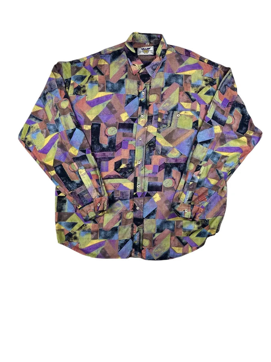 Camicia vintage anni '90 da uomo in viscosa con fantasia geometrica astratta