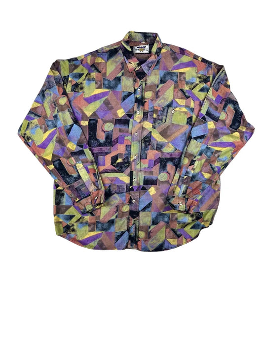 Camicia vintage anni '90 da uomo in viscosa con fantasia geometrica astratta