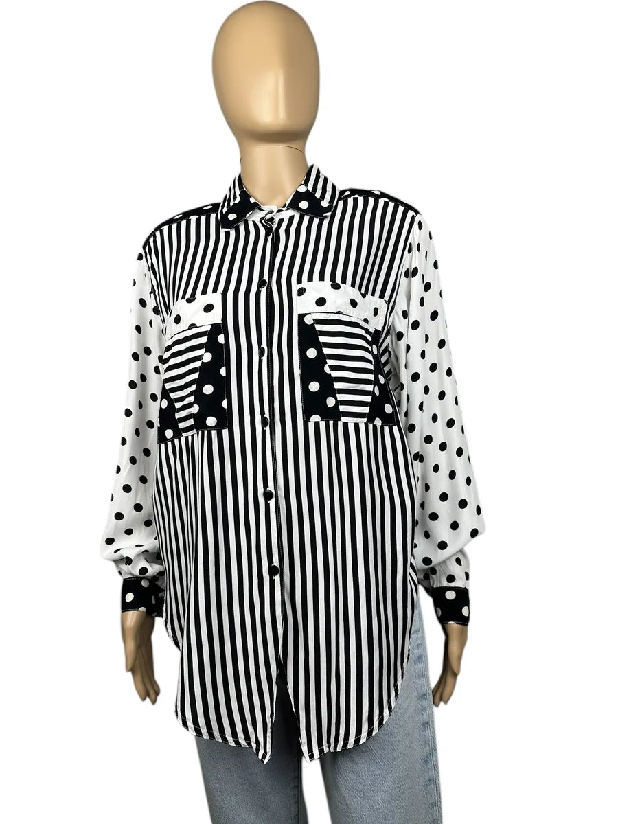 Camicia vintage da donna a righe e pois bianca e nera