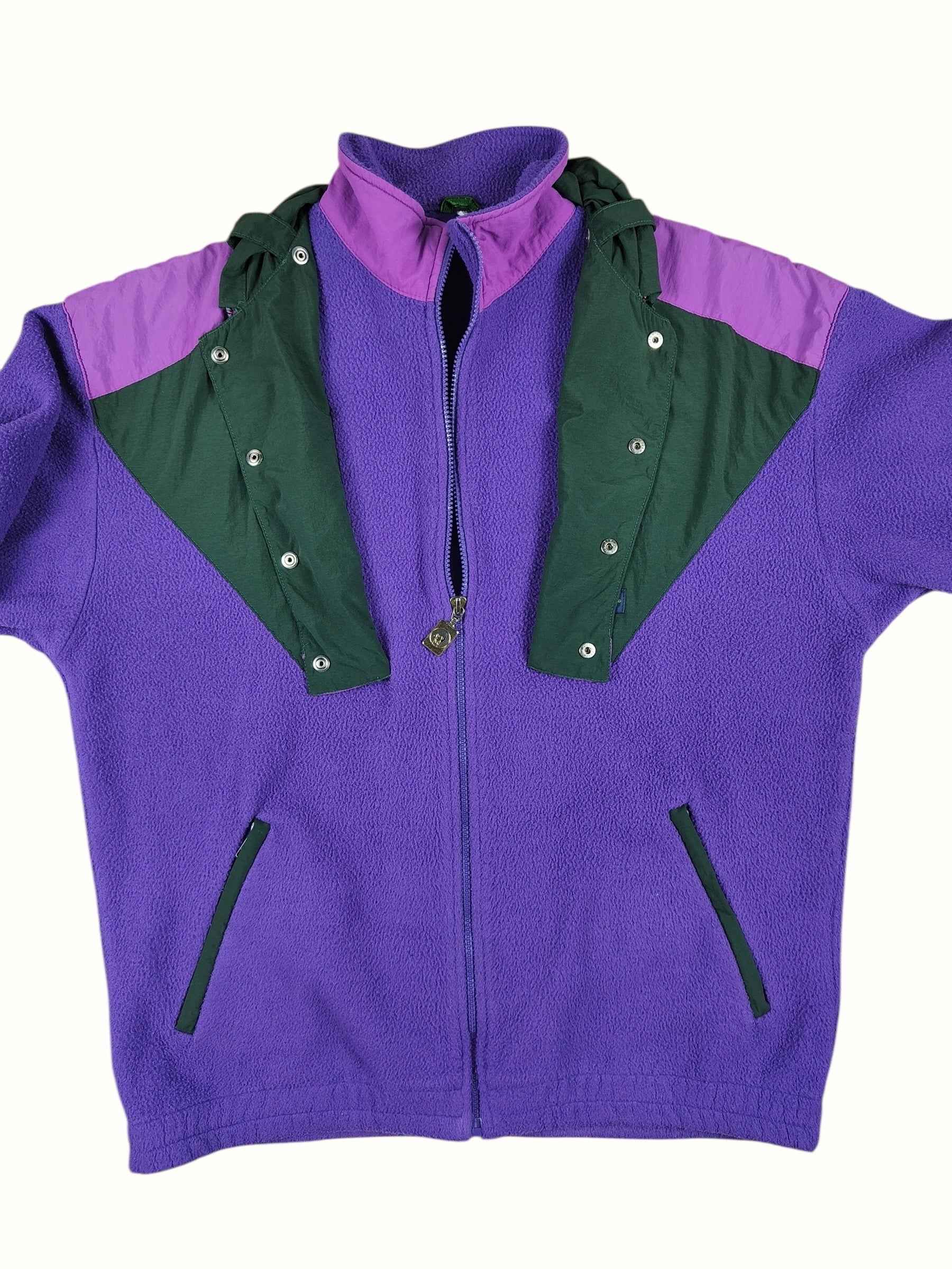 Pile vintage Ciesse Piumini viola e verde con cappuccio a scomparsa